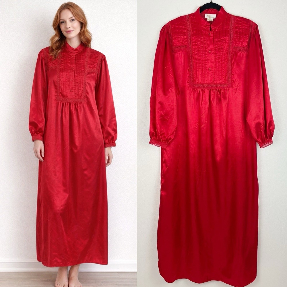 Vintage Red Satin Nightgown Long Sleeve